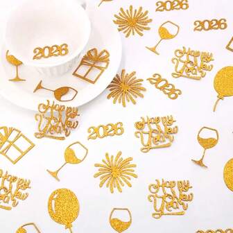 120pcs Shiny 2026 Happy New Year Multicolor Confetti, Fireworks Balloon Cocktail Glass Gift Tabletop Decor Confetti, New Year Centerpiece, Gold & Silver 2026 New Year Decor Confetti, New Year Table Decor, Happy New Year Stickers, Anniversary Confetti, New Year's Eve Confetti, Durable Party Decorations, New Year Stickers, Event Planner