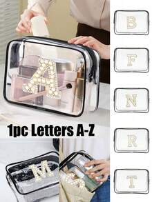 Bolsa de almacenamiento portátil de PVC transparente con toalla bordada con perlas blancas con letras de la A a la Z, organizador de maquillaje de gran capacidad, impermeable, con cremallera, bolsa de maquillaje, bolsa de cosméticos, organizador de vacaciones, bolsa de belleza, bolsa de tocador, regalo para dama de honor, recuerdo, regalo de cumpleaños para familiares y amigos, Día de San Valentín, temporada de bodas, Ramadán