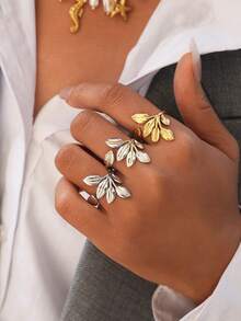 3pcs/1pc Minimalist Gold Leaf Open Stainless Steel Rings, Fashionable Branch/Leaf Design Open Bands, Suitable For Women's Daily Versatile Wear - Multicolor - View 4