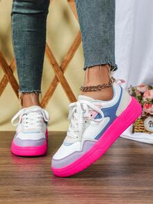 灵感源自多巴胺的时尚户外滑板鞋,性感优雅的玫瑰红鞋底,系带设计,圆头,低帮,百搭,适合新年和节日礼物、休闲外出、派对等场合,女士运动鞋 - 白粉紅藍玫紅底 - 查看 3