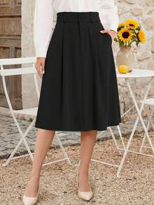 Women's Midi Skirt High Waist A Line Pleated Flare Business Casual Skirts With Pockets For Office Dating An Elastic Waistband For Comfort, And A Two-Button Closure With Adjustable Waist Tabs For A Tailored Fit - 黑色 - 查看 1