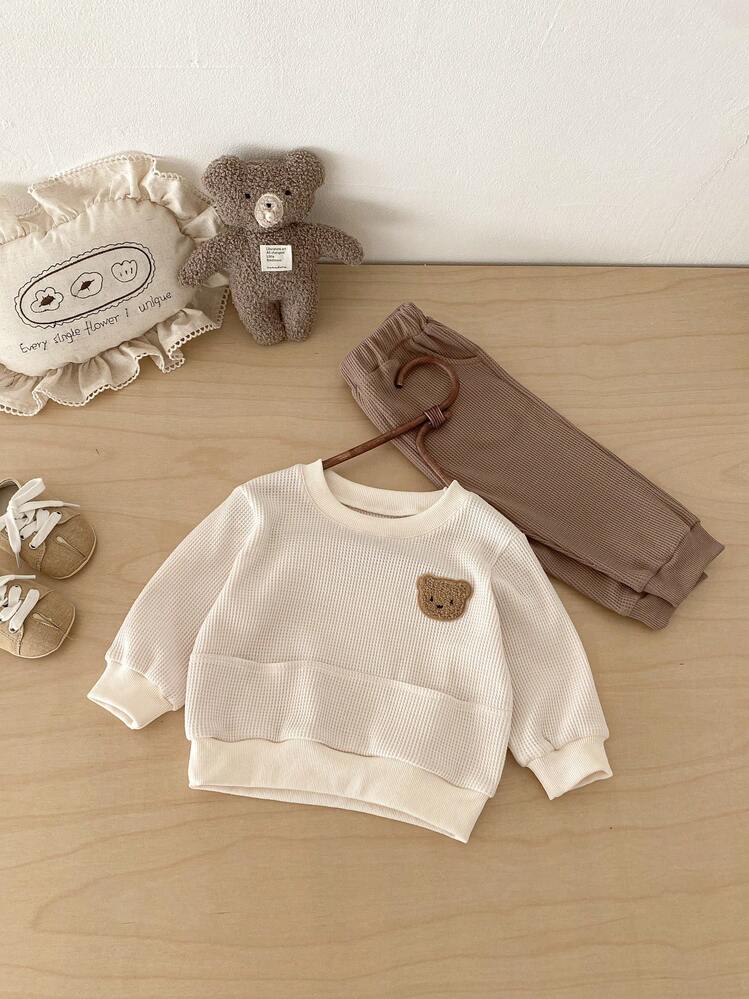 Set de 2 sudaderas holgadas de manga larga con bolsillo y diseño de oso lindo en contraste de color, para bebé/niño pequeño unisex, casual, para primavera/otoño - Multicolor - Añade 10
