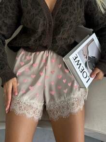 Women Lace Trim Satin Silk Shorts Y2K Patchwork Silky Mini Shorts Elastic Waist Pajama Slip Bottoms Boxer Coquette Micro Mini Shorts Going Out Shorts - 卡其色 - 查看 3