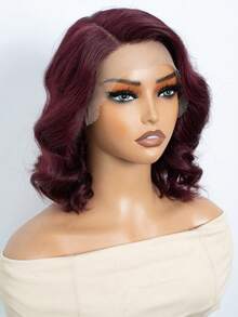 QVR QUEEN VIRGIN REMY QVR酒红色波浪卷波波头假发，真人发，宽松深蕾丝前波波头假发，侧分，预先拔毛，150%密度，透明蕾丝前波波头假发，蓬松头顶，黑帮妻子风格波波头假发，修饰脸型，深蕾丝分缝 - S99J - 查看 6