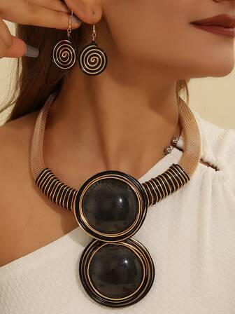 Exaggerated Multi-Layer Handmade Heavy Aluminum Wire Woven Resin Chain Bohemian European And American Middle Eastern European Korean Version Evening Party Holiday Ladies Wax Line Resin Teardrop Necklace Earrings