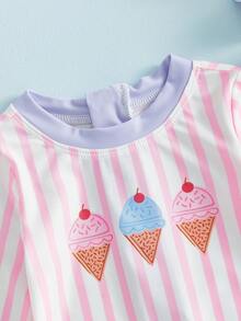Toddler Girl Rash Guard Swimsuit Long Sleeve Ice Cream Embroidery Ruffled Swimwear With Hat For Beach Pool - Pink - View 7