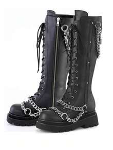 Women's Knee High Goth Platform Boots Y2K Style Chunky High Heel Combat Riding Boots Lace Up Punk Boots With Chain Motorcycle Boots With Zipper - Black - View 7