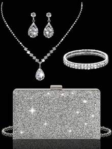 Elegant Women's Rhinestone Evening Clutch, Sparkling Luxury Rhinestone Jewelry Set Sparkling Necklace Earrings Bracelet Set Glitter Charming Clip Box Bag, Set Of 4 Rhinestone Ear Clips Bridal Wedding Choker Bracelet Pendant, Sparkling Purse, Perfect For Party, Wedding, Prom, Dinner/Banquet, Wedding Dress, Formal Wear, Prom Dress, Birthday Dress - Silver - View 12