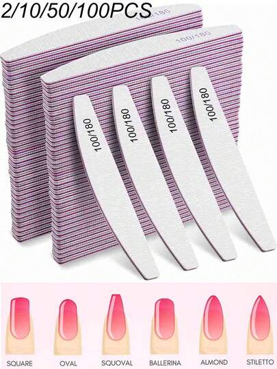 1/10/50/100pcs Crescent Shaped Professional Nail Files, 100/180 Grit Nail Sanding Paper, Callus Remover, Buffing Block, Manicure Accessories Tools