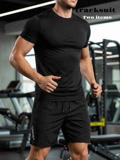 男士春夏健身训练圆领T恤短裤套装（2件套），带拉链口袋，适合健身房锻炼、户外徒步、慢跑、海滩度假休闲穿着，户外运动服