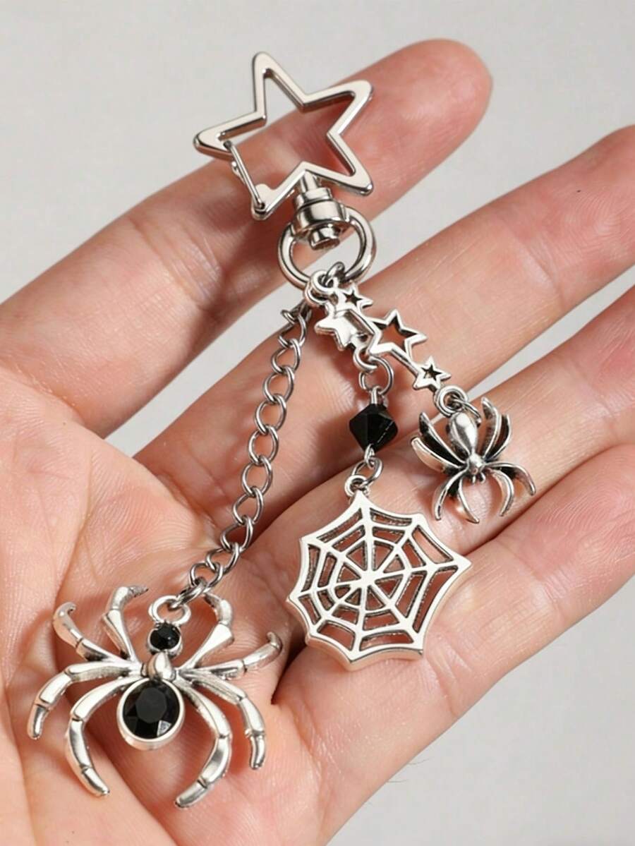 蜘蛛、星星、鱼、猫咪项链，蜘蛛网水钻蜘蛛钥匙扣、手链、包包挂饰，男女通用，节日礼物，情人节礼物 - 銀色 - 查看 1