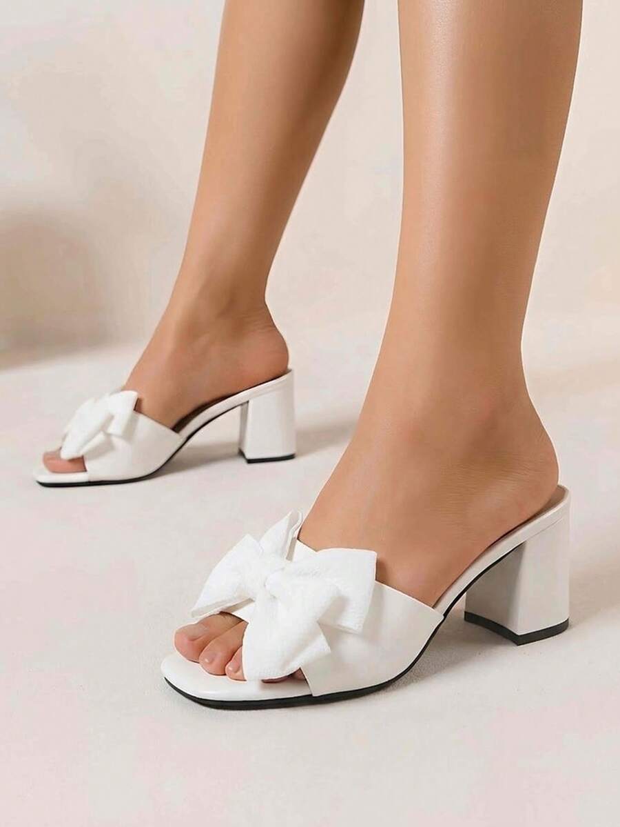 Dép lê hở mũi trang trí nơ cho nữ, kiểu dáng ngọt ngào cho hẹn hò và đi làm, sandal đế dày bằng da PU màu đen, mùa hè - trắng - Xem 1