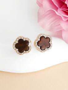 1 Pair Minimalist Sweet Cute Clover & Rhinestone Flower Stud Earrings, Suitable For Girls Daily Wear - one-size - View 9