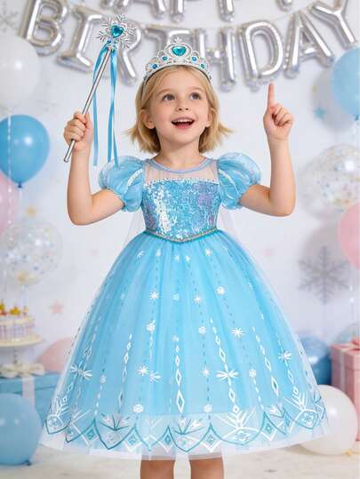 Young Girls Sequin Puff Sleeve Hooded Mesh Dress Costume With Magic Wand Necklace Bracelet Earrings Ring Gloves Accessories, Casual Dress Suitable For Outings, Parties, Birthdays, Performances And Other Events