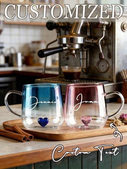 Customized Couple Cups, Heart-Shaped Bottom High Borosilicate Glass Single-Layer Cup, Gradient Blue Couple Insulated Glass Cup With Handle, Suitable For Milk, Juice, Water, Gifts For Him, Gifts For Her, Valentine's Day Gifts, Ideal Valentine's Day Gift For Him
