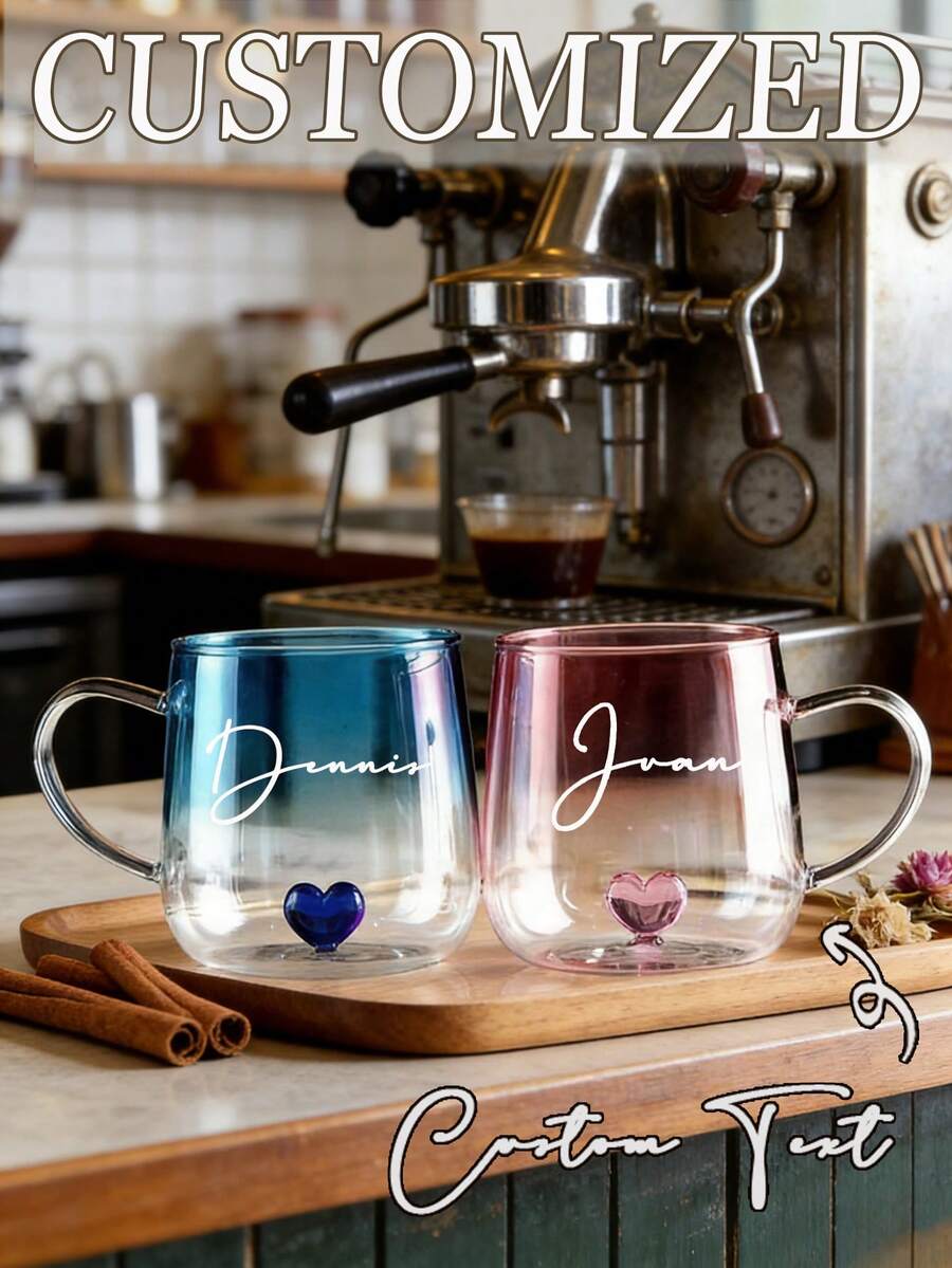 定制情侣杯，心形底高硼硅玻璃单层杯，渐变蓝色情侣保温玻璃杯带把手，适用于牛奶、果汁、水，送给他的礼物，送给她的礼物，情人节礼物，理想的情人节礼物