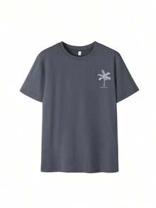 2026 Summer Shirts Women's New Palm Tree Slogan Print Casual Round Neck Short Sleeve T-Shirt, Fashionable Resort Style, Your Daily Essential Item. Gr - 深灰色 - 查看 4
