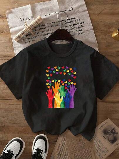 Plus Size Women's Rainbow Palm Print Short Sleeve T-Shirt, Unique Design With Inclusive Vibe, Soft & Comfortable Fabric, Suitable For Spring/Summer Casual Wear