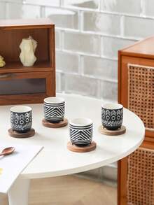4pcs Black & White Geometric Pattern Ceramic Mini Coffee Cups Set, Small Capacity Espresso Cups, Cappuccino Cups, Tea Cups, Beverage Cups With Wooden Coasters, Ideal For Home, Office, Parties, Gifts - Black - View 3