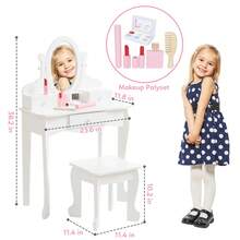 Tocador infantil con espejo de ángulo ajustable, color rosa, con silla, ideal para niñas de 3 a 8 años, ideal para cumpleaños y Navidad. - Blanco - Ver 2