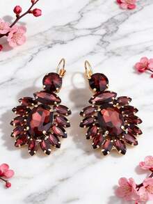 sehuoran 1 Pair Luxury French Style Hook Earrings, High-Quality Green Glass Gemstone, Elegant Western Style, Rhinestone Decor Women's Dangle Earrings - Style 1 - View 7