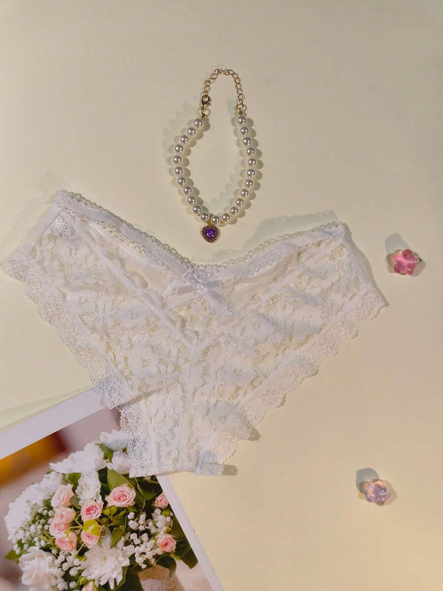 1件装女士性感蕾丝半包臀系带提臀低腰内裤 - 白色 - 查看 1