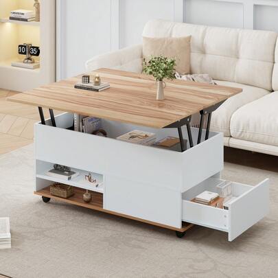 Coffee Table 100 X 98 X 65 Cm, Height Adjustable, With Concealed Storage And Shelf, Living Room Table On Casters And Drawers, Multifunctional Dining Table With Ample Storage Space, White And Natural Wood