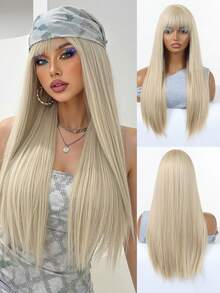 24英寸/60厘米酒红色长直发假发，带刘海，适合女性，耐热，自然逼真，可用于角色扮演、彩色合成假发、耐高温假发、直刘海假发、节日和日常时尚合成假发、编织假发，也适合万圣节和圣诞节佩戴。 - 金色 - 查看 7