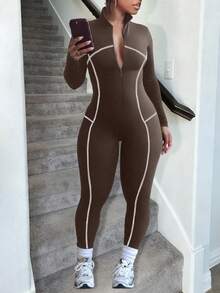 LovelyWholesale Women'S Sports Stand-Up Collar Long-Sleeved Zipper Striped Stitching Tight Jumpsuit Spring Fall Clothes Women's Gym Clothes Ski Suit - Brown - View 2