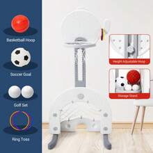 7 en 1 Juego de toboganes y Columpios para Interiores, Juego no Empotrado para niños con Columpio Ajustable, aro de Baloncesto, fútbol, Golf, Juego de Lanzamiento de Anillos, Parque - Gris - Ver 7