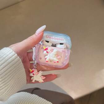 Söt tecknad pastellrosa & blå genomskinlig 3D-enhörningshästdekoration heltäckande hörlursfodral + vit vingehästhänge, kompatibel med 4/3/Pro/Pro2/1/Pro3, hållbar & stängning, moderiktig vardagsaccessoar