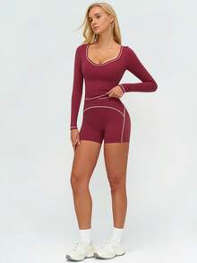 MASKERT 女士运动套装、健身套装、长袖短裤、跑步套装、高弹力健身瑜伽套装、休闲家居服、舒适亲肤、百搭 - 紅木色 - 查看 5