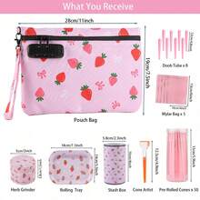 OFFPUFF 68 Pieces Pink Strawberry Smell Proof Pouch Bag With Combination Lock Pre-Rolled Cones Metal Grinder Rolling Tray Mylar Bag StorageTube Kits - Quả dâu - Xem 2