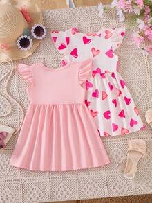 2pcs Baby Girl Clothes Set, Pink Heart Print Sleeveless Dress & Apricot All-Over Heart Print Dress, Spring/Summer - Multicolor - View 3