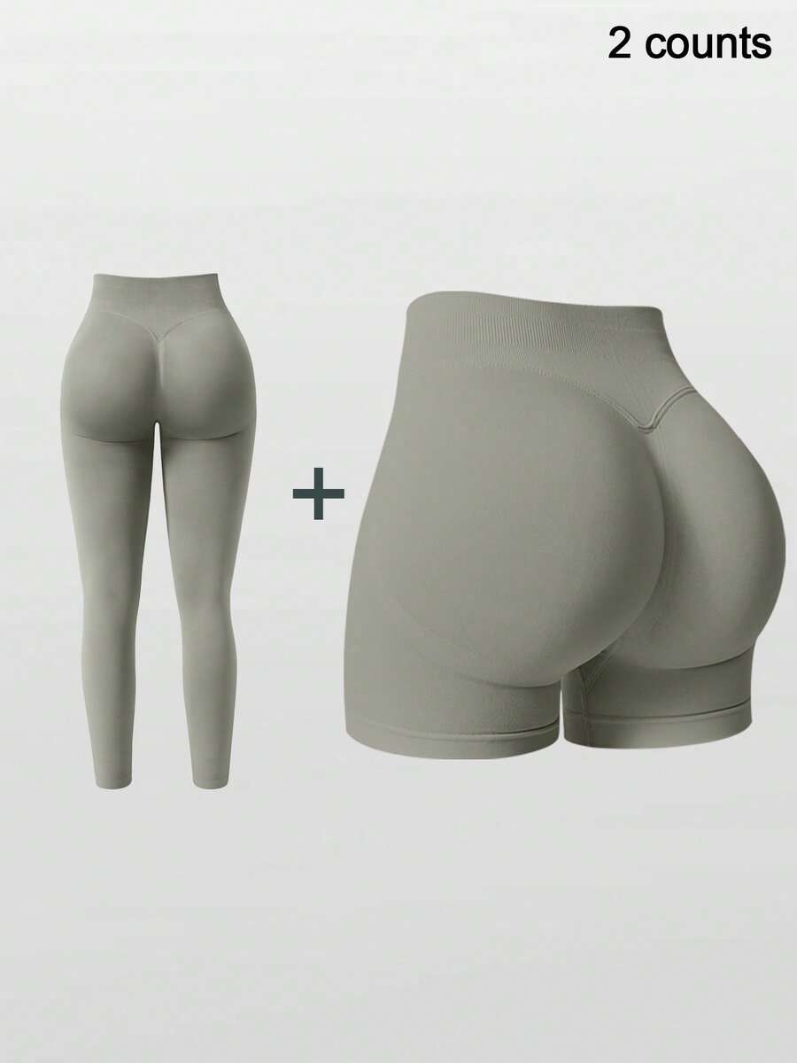 NcmRyu 2 chiếc quần yoga cạp cao nâng ngực giúp thon gọn vóc dáng cho nữ, thích hợp cho tập thể dục và thể thao ngoài trời. - Màu Xám nhạt - Xem 1
