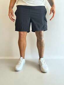 Linen Cargo Bermuda Shorts With Drawstring - Dark Wash - View 2