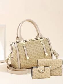 3件套女士时尚印花手提包、托特包、枕形包 - 棕色 - 查看 7