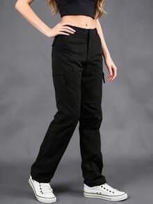 Streetwear Casual Commute Pocket Work Pants Lightweight Wide Leg Waist Cinched Travel Pants, Black Work Pants, Multifunctional Pockets, Outdoor Casual Loose Fit, Breathable Material, Suitable For Outdoor Enthusiasts - màu đen - Xem 1