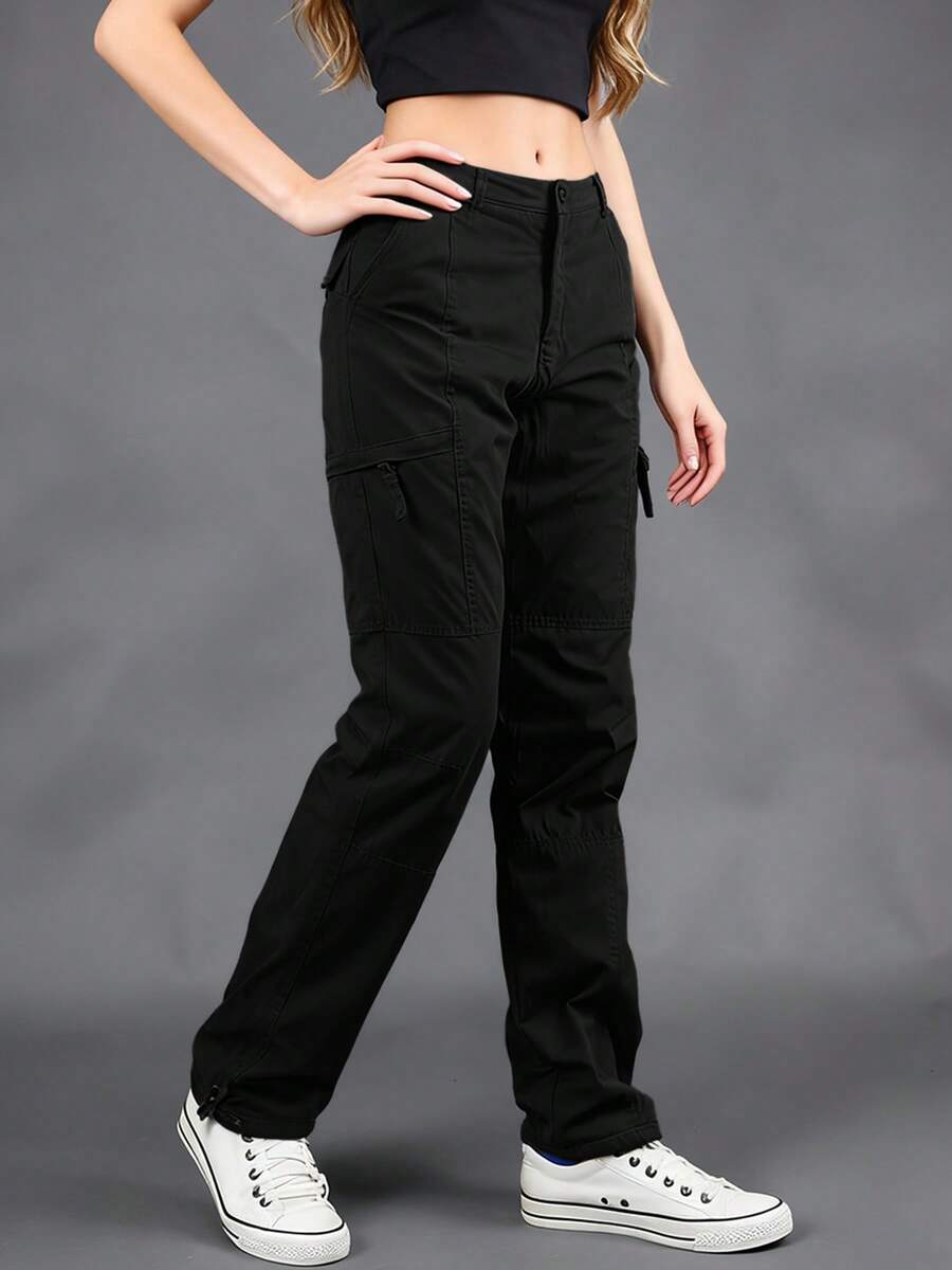 Streetwear Casual Commute Pocket Work Pants Lightweight Wide Leg Waist Cinched Travel Pants, Black Work Pants, Multifunctional Pockets, Outdoor Casual Loose Fit, Breathable Material, Suitable For Outdoor Enthusiasts - màu đen - Xem 1