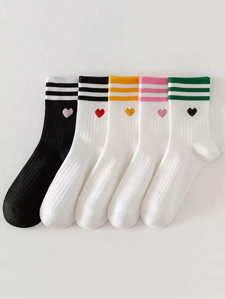 5 pares de calcetines de punto acanalado con estampado de corazones y rayas, versátiles para días festivos y uso diario, para todas las estaciones - Multicolor - Ver 1