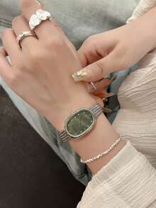 Oval Niche Mother-Of-Pearl Watch For Women Ins Style Light Luxury Temperament High-End Exquisite Versatile Fashion Watch (Silver Case Multi-Color Dial) - 銀色殼綠面 - 查看 2