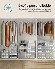 SONGMICS Mueble Zapatero Plástico, 12 Compartimentos, Zapatero Modular, Estantería Modular de Plástico, 32 x 124,4 x 124,6 cm Cada Cubo, con Puerta, Marco Acero, Panele Plástico, Blanco - Blanco - Ver 5