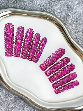 Uñas postizas cuadradas extra largas de 56 mm estilo Y2K hechas a mano con puntas transparentes, cristales de color rosa intenso y diseños 3D brillantes y con cobertura total - Uñas artificiales de purpurina DIY de cobertura completa, uñas postizas para fiestas, exteriores, playa, diario, vacaciones, reuniones, trabajo y eventos especiales - 10 piezas/bolsa