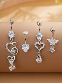 4件套不锈钢蝴蝶双心锆石肚脐环饰品套装，性感穿孔饰品，适合日常佩戴 - 銀色 - 查看 2