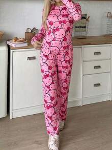 SANRIO 2pcs HELLO KITTY Women Pajama Set, Long Sleeve Top And Pants, Fashionable Vibrant Pink Color, Suitable For Spring And Autumn - Hot Pink - View 3