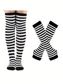 This Women's Striped Over-The-Knee Leg Warmers Set Includes A Pair Of Knee-High Leg Warmers And A Matching Arm Sleeve, Designed For The Autumn/Winter Season. The Set Includes Knee-High Leg Warmers And Fingerless Gloves, Both Featuring Eye-Catching Contrasting Striped Patterns To Create A Striking Look. - Multicolor - View 10