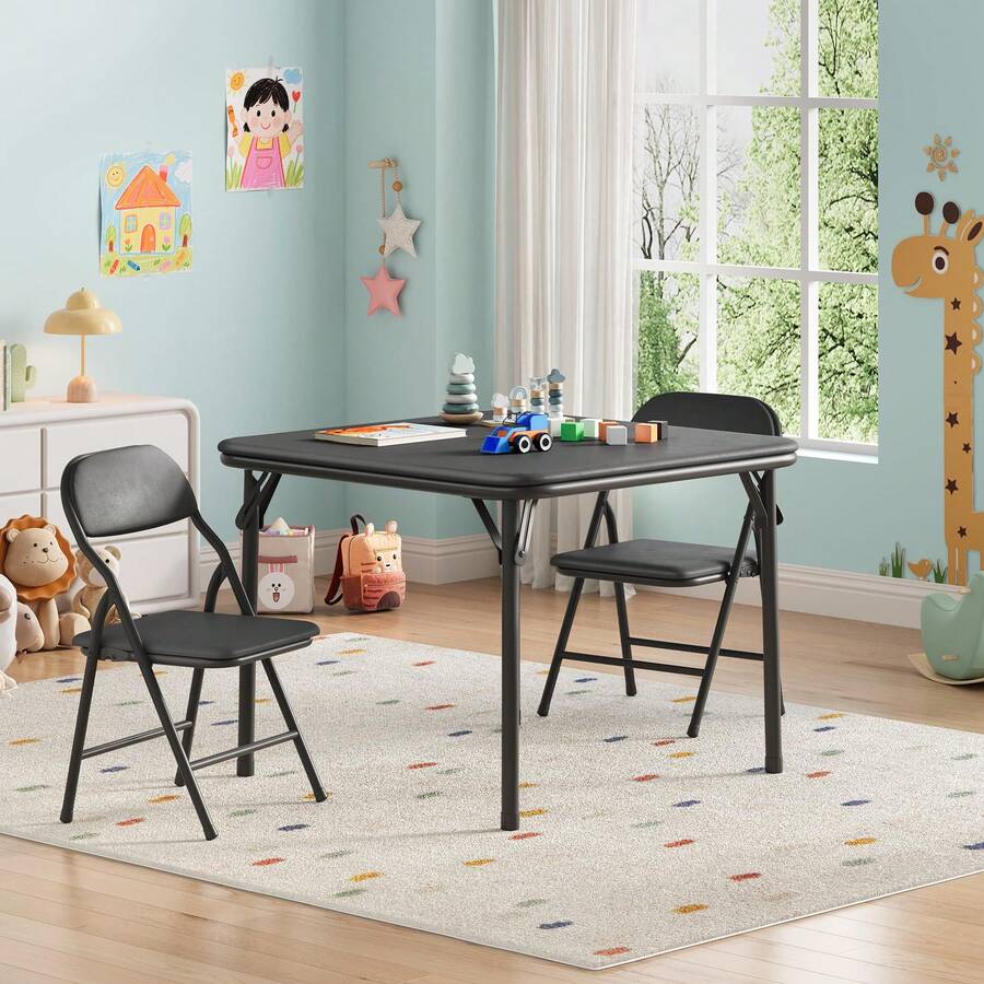 Juego de mesa y 2 sillas para niños, mesa de actividades con respaldo, cuero sintético fácil de limpiar y estructura de acero, muebles infantiles con esquinas redondeadas y reposapiés antideslizante para hogares, aulas y guarderías. - Negro - Ver 1