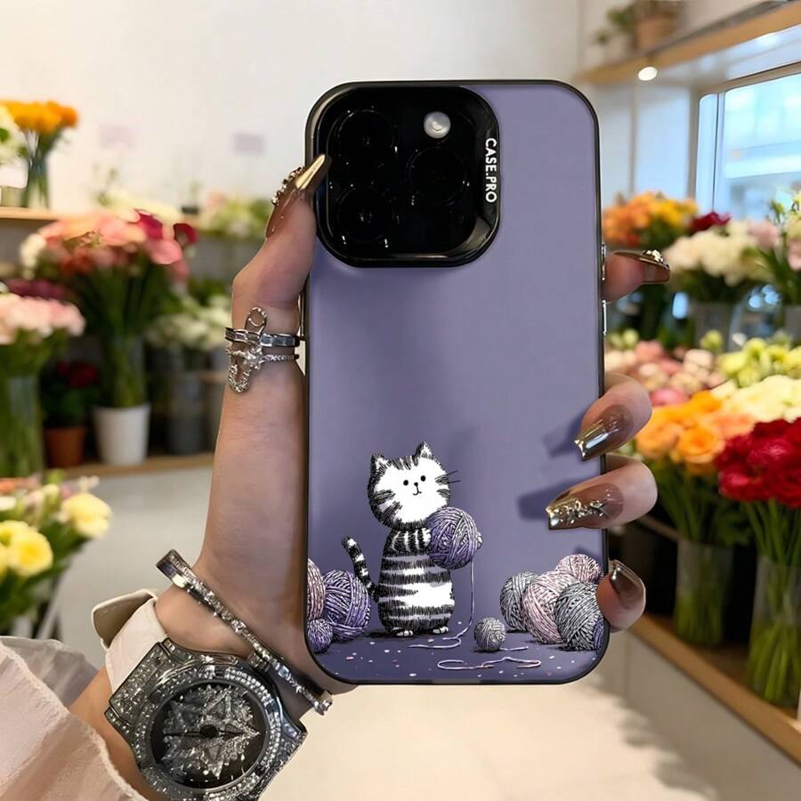 Cubierta de teléfono con diseño de gato y ovillos de lana color morado para mujer elegante uso diario en floristería,Aplicable a los teléfonos de la serie Apple y Galaxy - Negro - Ver 1
