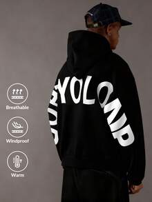 Camvyn 男士字母印花长袖口袋抽绳连帽卫衣，秋冬季休闲款 - 黑色 - 查看 1