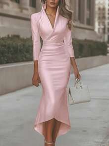 Vusalt Women's Spring Elegant Knitted Stretchy Shiny Fabric Long Sleeve V-Neck Fitted Asymmetric Fishtail Dress, Suitable For Valentine's Day Outfit, Wedding Guest Dress, Birthday Dress, Going Out Dress, Elegant Dress, Shiny Dress, Pink Dress - Baby Pink - View 1